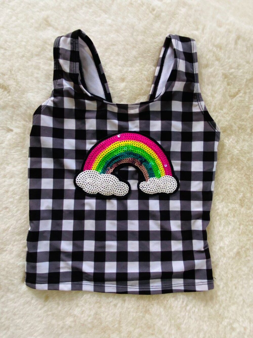 Cat & Jack Girl's size 7/8 black & white gingham tankini swim tank top rainbow